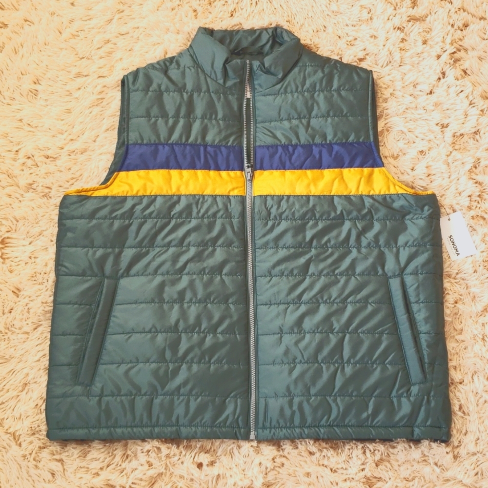 Mens green/ yellow-blue stripe sonoma puffer vest xl